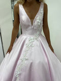 Light Pink Satin V Neck Ball Gown Long Lace Appliques Evening Dresses Prom Dresses