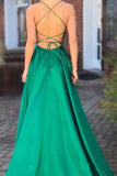 Elegant A Line Green Lace up Prom Dresses with Pockets Slit Formal Evening STI15634