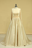 2024 Champagne Muslim Wedding Dresses Scoop A Line Long Sleeves Satin Plus PE6JDPGT