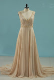 2024 V Neck Wedding Dresses A Line Chiffon With Beads P61DXYGC