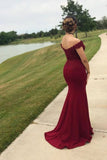 Mermaid Off the Shoulder Burgundy Prom Dresses with Slit, Lace Appliques Evening Dress STI15264