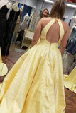 Elegant A Line Satin Jewel Pearls Blue Open Back Prom Evening Dresses With Pockets STI15151