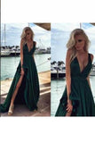 2024 V Neck A Line Satin Prom Dresses With Slit PR81YBZ5