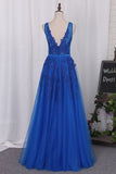 2024 V Neck Prom Dresses A Line Tulle With Applique PT7JMC96