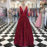 Stunning Burgundy V Neck Sleeveless Prom Dresses Floor Length A Line Formal Party Dresses