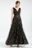 Glitter V-Neck Black Evening Gowns Tulle Long Sexy Formal Dresses