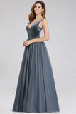 A-Line V-Neck Sleeveless Blue Floor-length Evening Dress Cheap Prom Dresses STI15055