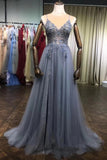 Spaghetti Straps Gorgeous Beading Prom Dress A Line Split Tulle P4SY2133