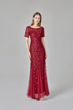 Elegant Mermaid Burgundy Tulle Prom Dresses Round Neck Long Evening Dresses STI15176