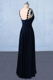 Dark Navy Blue Straps Floor Length Evening Dresses Long Chiffon Prom Dress PQPAS6HS