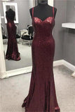 Spaghetti Straps Long Mermaid Burgundy Sequin Shiny Open Back PJ1GN6CB