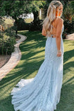 Mermaid Spaghetti Straps Light Blue Prom Dress with Appliques, Evening Dresses STI15266