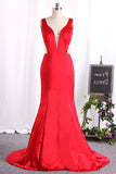 2024 V Neck Open Back Satin Mermaid Sweep Train P1XAKKDK