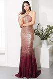 Ombre Sequins Halter Trumpet Skirt Train Evening Dress