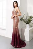 Ombre Sequins Halter Trumpet Skirt Train Evening Dress