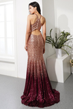 Ombre Sequins Halter Trumpet Skirt Train Evening Dress