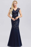 Elegant V-Neck Beaded Bodycon Mermaid Prom Dresses Straps Evening Gowns STI15215