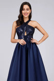 Cold Shoulder Sequin Navy Blue Prom Dresses Backless Satin Long Evening Dresses STI15132