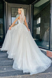 V Neck Tulle Elegant A Line Wedding Dresses With Appliques Lace Long Prom Dresses