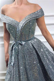 Elegant Sequins Off the Shoulder Sleeveless Prom Dresses, Silver Slit Evening Dresses STI15199