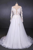 Long Sleeves White A-line Tulle Beach Wedding Dresses with Lace Appliques, Bridal Dress STI15255