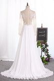 2024 Bateau Wedding Dresses Long Sleeves A Line Chiffon With Applique PC6XX18F