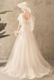 Unique Tulle Lace Long Wedding Dress Ivory Short Sleeves Lace Up Back Bridal STIPK2YQ77B