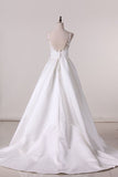 2024 A Line Scoop Satin With Applique Wedding Dresses Open PMGDHY6Z