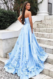 Princess A Line Strapless Blue Satin Sleeveless Prom Dresses with Pockets, Evening Dresses STI15285