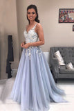 Spaghetti Straps A Line Tulle Long Appliqued Prom Dresses Evening Dresses