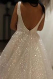 Shiny Ivory Sequins V Neck Backless Straps Wedding Dresses, Beach Bridal Dresses STI15375