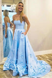 Princess A Line Strapless Blue Satin Sleeveless Prom Dresses with Pockets, Evening Dresses STI15285