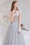 A-line Spaghetti Straps Prom Dress Long Decorative Pattern Evening Dress