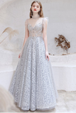 A-line Spaghetti Straps Prom Dress Long Decorative Pattern Evening Dress