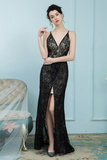 Sheath V-Neck Prom Dress Black Lace Long Evening Dress