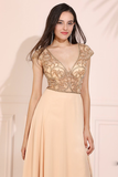 Sheer-Bodice Long Prom Dress Cap Sleeve Evening Dress