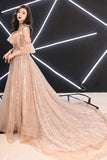 Charming Straps Flowy Tulle Lace Prom Dress With Train A Line Evening Dress P5RTR3GF