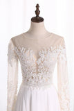 2024 Bateau Wedding Dresses Long Sleeves A Line Chiffon With Applique PC6XX18F