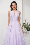 Lavender Prom Dress Embossing Round Neck Evening Dress