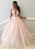 Charming Ball Gown V Neck Tulle Lace Appliques Prom Dresses, Evening STI20397