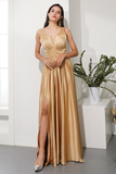 Simple Champagne Prom Dress V Neck Split Front Evening Dress