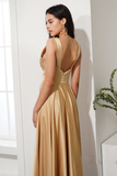 Simple Champagne Prom Dress V Neck Split Front Evening Dress