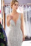 Sexy Mermaid Deep V Neck Sliver Sequined Long Prom Evening Dresses With Sweep Train