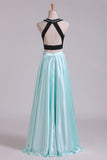 2024 Prom Dresses A-Line Scoop Elastic Satin Two Pieces Black Bodice Backless PAK1CL3T