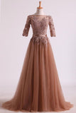 2024 Mother Of The Bride Dresses A Line Bateau Tulle With Applique & Sash Sweep PXN89M8K