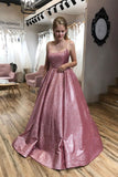 Unique A line Pink Sequins Spaghetti Straps Prom Dresses, Evening STI20450