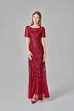 Elegant Mermaid Burgundy Tulle Prom Dresses Round Neck Long Evening Dresses STI15176