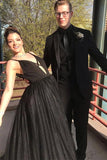 Charming A Line Black Spaghetti Straps Tulle V Neck Prom Dresses, Long Evening Dresses STI15501