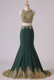 2024 Dark Green Mermaid Two-Piece Prom Dresses Scoop Sweep/Brush Chiffon With Gold P4R9BQRH