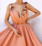 Charming Orange 3D Flowers Long Prom Dresses V-neck Tulle Cheap Evening Dresses STI15120